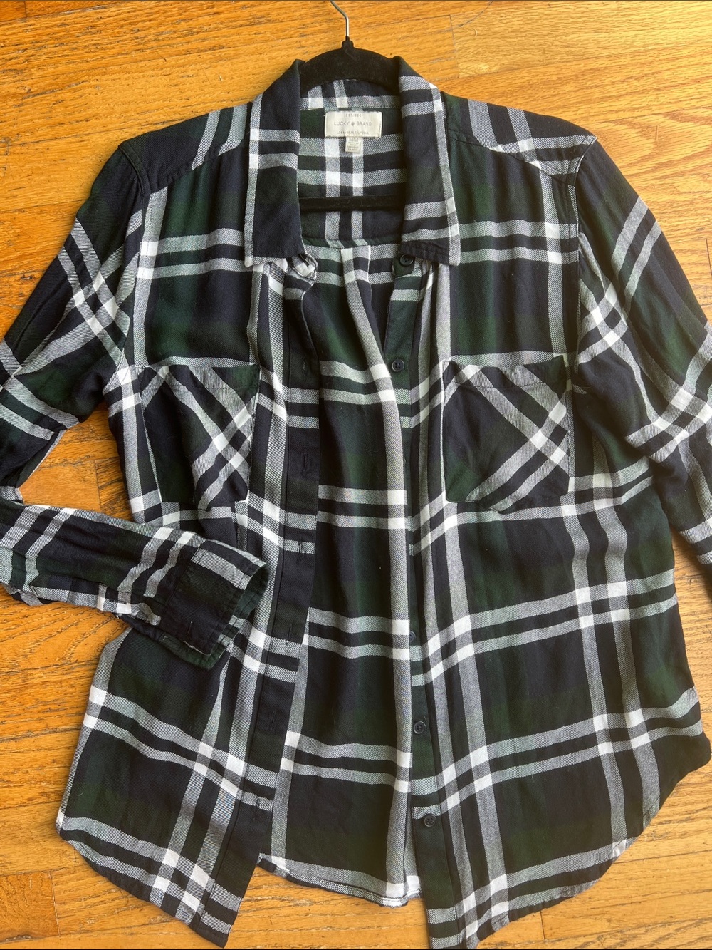 Lucky Brand SOFT Black and Green Plaid Button-Up Shirt Jacket - Medium